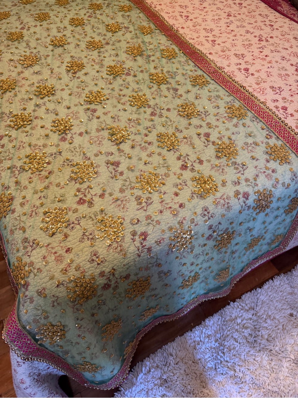 Embroidered Turquoise and Gold Beaded Scarf with Pink Trim 92x38 - Picture 3 of 9